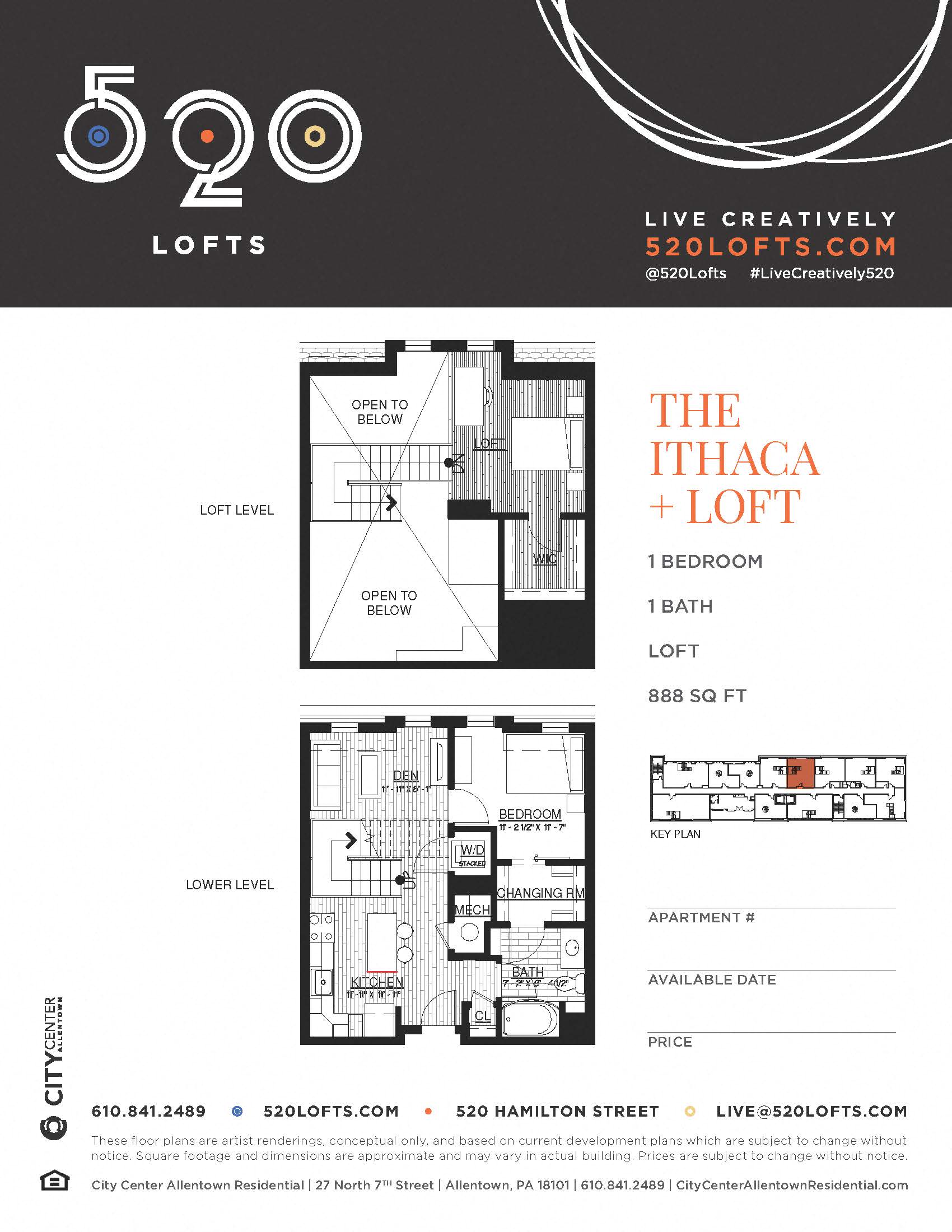 Floor plan for 1 bed, 1 bath, 888 sqft
